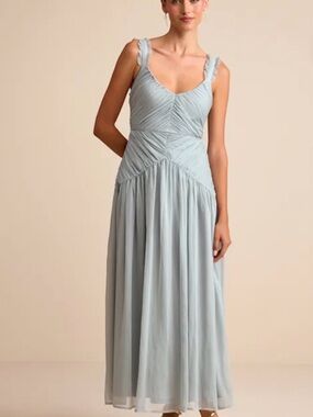 LULUs  Laufey Dusty Blue Pleated Drop Waist Midi Dress